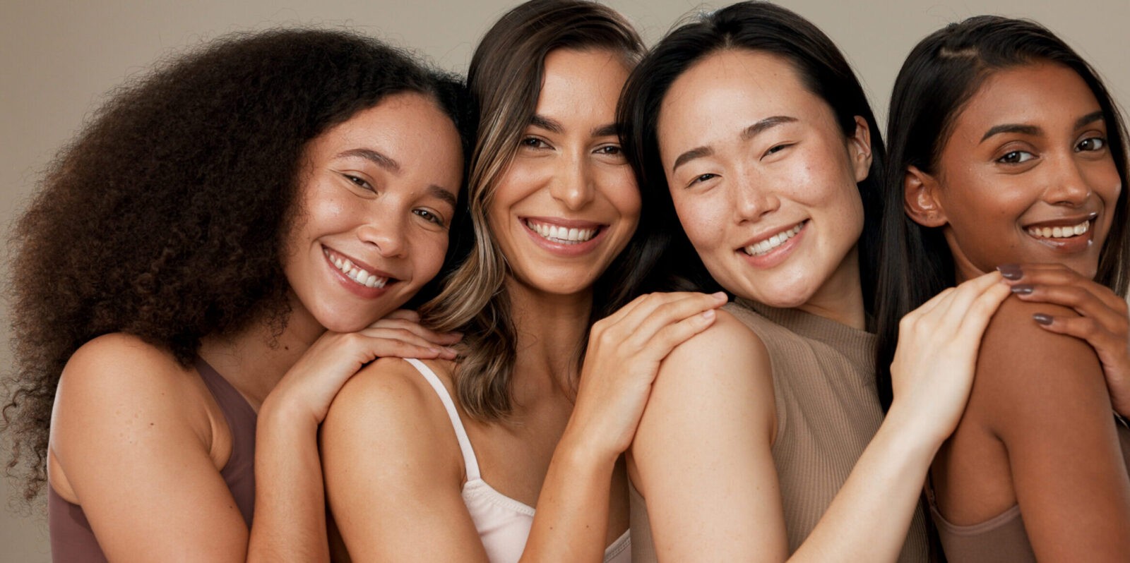 Diversity face, beauty group and happy women with natural cosmetics, facial skincare glow and studio self care. Woman empowerment, makeup and equality portrait of model friends on grey background